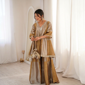 Dhwaja Export <b>Grey</b> & Mustard Tissue Silk Readymade Suit with Embroidery & <b>Mirror</b> Work - Product Image 1