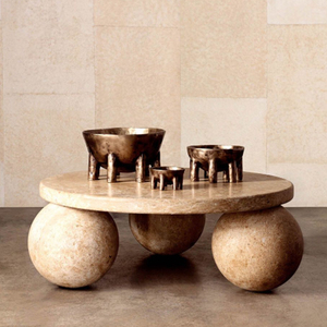 Set di <span class=keywords><strong>3</strong></span> Sfere in Pietra di Alta Qualità, Piano Tavolo in Marmo Travertino Beige, Piedistallo Rotondo a Sfera, Tavolino da Caffè in Marmo - Product Image 2