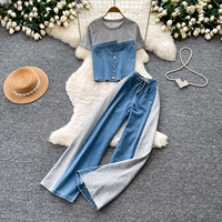 Ensemble décontracté d'été pour femmes, haut à manches courtes en patchwork vintage et pantalon large à taille haute avec cordon de serrage