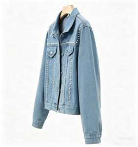 Veste en jean décontractée pour femme printemps-automne avec col boutonné orné de perles, style blazer, manches longues - Product Image 4