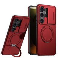 Funda Magnética con Sensación de Piel para Samsung Galaxy S26 25 24 Ultra, 360° °   Funda Antigolpes con Anillo Giratorio y Cubierta Deslizante para Cámara