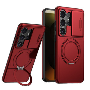 Pour Samsung <span class=keywords><strong>Galaxy</strong></span> S26 25 24 Ultra Coque de téléphone magnétique effet peau <span class=keywords><strong>360</strong></span> °   Support rotatif pour anneau, couvercle coulissant pour appareil photo, étui antichoc - Product Image 1