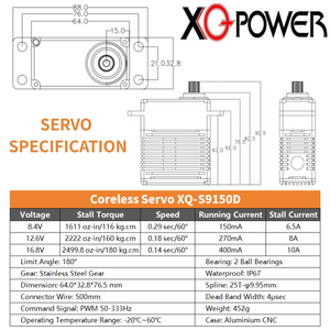 Motor Rc XQ-POWER XQ-S9150D de 180 kg, 150 kg, Digital, sin Escobillas, con Engranaje Metálico, 180 Grados, para Modelos a Gran Escala - Product Image 6