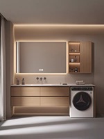 Meuble-lavabo de salle de bain intégré minimaliste avec armoire de buanderie, vasque intégrée en pierre frittée courbée à chaud, plan de travail pour lavabo de salle de bain