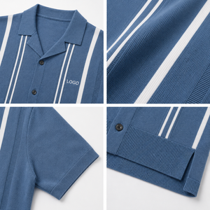 Polo de Punto de Manga Corta a Rayas Azules para Hombre con Logotipo, Informal, Transpirable, de Algodón Piqué, Corte Regular - Product Image 3