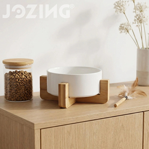 Bol surélevé pour animaux de compagnie en céramique de qualité supérieure avec support en bambou - Plat moderne pour nourriture et eau pour chats et petits chiens, logo personnalisable - Product Image 2