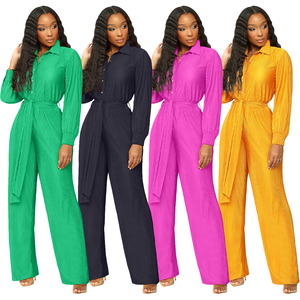 Nouveautés 2024 - Vente Flash : Combinaison Femme en Satin Uni Décontractée à Jambes Larges, Manches Longues, Ceinture, Tenue d'Automne Élégante, Coupe Classique - Product Image 1