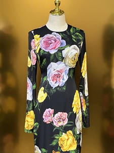 Nuovo abito in seta di alta qualità 2025 abiti primavera estate da donna con grandi stampe floreali a <span class=keywords><strong>manica</strong></span> <span class=keywords><strong>lunga</strong></span> tubino abito speciale evento XXL - Product Image 3