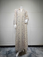 Robe Abaya Traditionnelle Musulmane à Col Montant et Manches Longues en Maille, Imprimé Ethnique, Ornée de Strass pour Femme