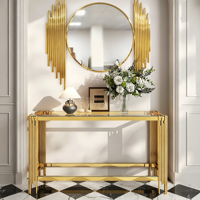 Table de canapé de luxe en métal doré avec double étagère en verre transparent, élégante table console d'appoint pour couloir