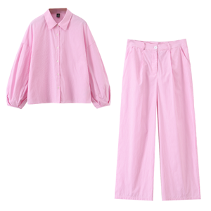 Pink Striped Oxford 2 Piece Set Women's Loose Fit Turn <b>Down</b> Collar Shirt Full Sleeve Wide Leg <b>Pants</b> Casual Spring Summer Outfit - Product Image 1