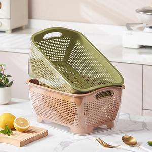 Panier de drainage double couche en plastique Home Basics, grand passoire de cuisine pour légumes et fruits avec poignée - Product Image 1