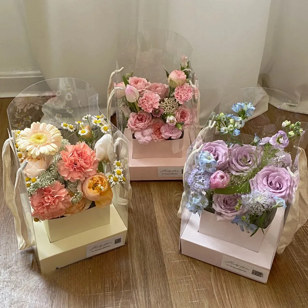 Toptan özel romantik çiçek kutusu sevgililer geri dönüşümlü PVC taşınabilir çiçek kutuları güller için