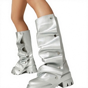 Bottes plateforme pliables pour femme, talon épais, bout rond, style western, à enfiler, mi-mollet, rehaussantes, couleur unie - Product Image 2