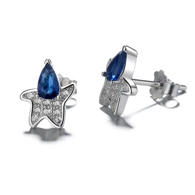 Real Silver 925 Blue Stone Star Earrings Studs Jewelry for Kids Birthday Gift
