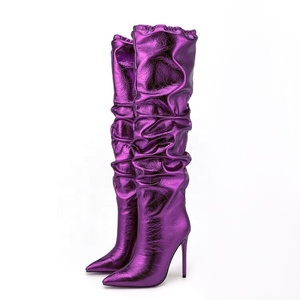 Big Size 47 Stiletto Style High Slim Heels Shoes Women Pointed Toe Pleated Knee High Boots on Top Stretch <b>Long</b> Booties - Product Image 2