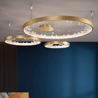 Lámparas de Cristal Colgantes Doradas con Anillo LED Personalizadas para Ingeniería, Decoración de Techo para el Hogar, Hotel, Villa, Comedor, Lámpara de Araña