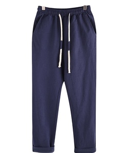 Pantalon de survêtement en coton bleu marine pour homme, taille haute élastique avec cordon de serrage, décontracté, poches latérales, idéal pour l'été, écologique et respirant - Product Image 1