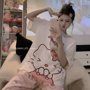 <span class=keywords><strong>Pigiama</strong></span> Estivo da Casa per Ragazze, Completo <span class=keywords><strong>Corto</strong></span> e Lungo, Bianco, Rosa, con Cuori, Hello Kitty, Pantaloni Floreali Rosa, Set <span class=keywords><strong>Pigiama</strong></span> - Product Image 4