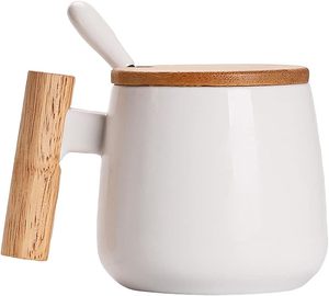 แก้วเซรามิกพร้อมหูจับไม้ แก้วกาแฟเซรามิกมีฝาปิด แก้วเซรามิกสไตล์นอร์ดิก - Product Image 1