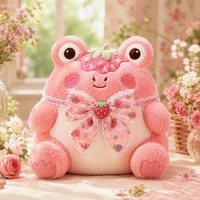 Roze aardbeikikker knuffel, met kant strik en fruitthema, voor meisjeskamerdecoratie & zoete cadeauwinkel