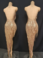 Robe de soirée de club à paillettes dorées et strass pour femmes, robe sexy en maille pour anniversaire, bal de promo, cocktail, DJ, chanteuse, performance dramatique, tenue de festival
