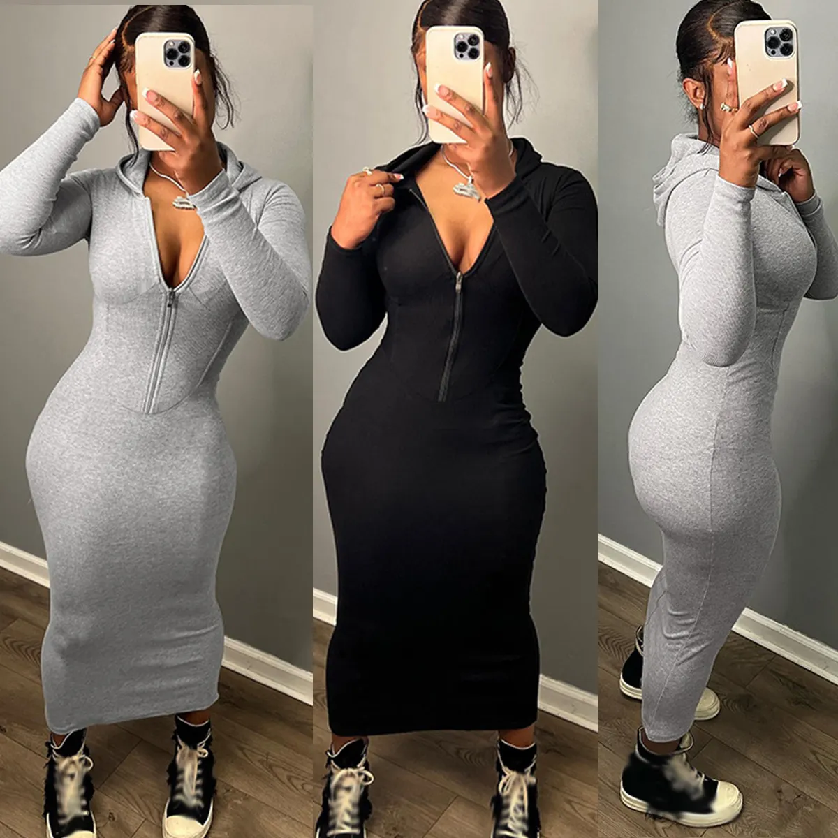 Spring Fall Abstract Maxi Dress Solid Hooded Slim Fit Rib Knit Dresses Casual Streetwear Hooded Long Maxi Dresses Women Casual