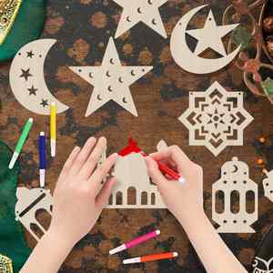 Eid Mubarak, pendentifs en bois à colorier soi-même, motif lune étoile lanterne Ramadan, cadeau pour enfants, bannière musulmane avec peinture - Product Image 1