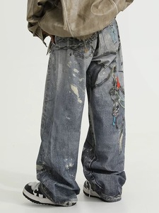Vaqueros Rectos Holgados Distintivos de High Street para <span class=keywords><strong>Hombre</strong></span>, Estilo Vintage, Corte Real, Impresión Digital, Denim Oscuro, Populares en Primavera - Product Image 2