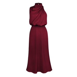 Robe femme mode mariage demoiselle d'honneur solide demi col haut mince mince longueur moyenne jupe licou Satin femme robe de soirée - Product Image 3