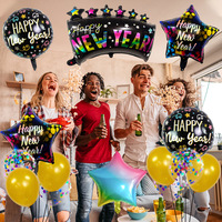 Joyeux Nouvel An : Ensemble de ballons en latex et aluminium, confettis noirs et or, ballons étoiles pour la décoration de fête du réveillon du Nouvel An