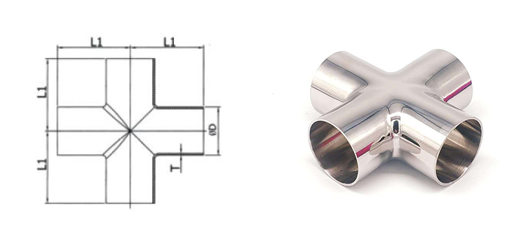 Food Grade Stainless Steel Sanitary Cross Fitting 4 Way Butt Weld Sanitary Fitting