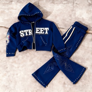 Ensemble de survêtement Y2K personnalisé avec pantalon baggy à double taille et coupe évasée, orné de perles et de strass, et sweat à capuche zippé - Product Image 1