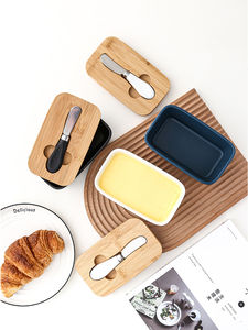 กล่องใส่เนยเซรามิคทรงสี่เหลี่ยมผืนผ้าสีขาว L92 กล่องใส่เนยพอร์ซเลนพร้อมฝาปิดไม้ - Product Image 4