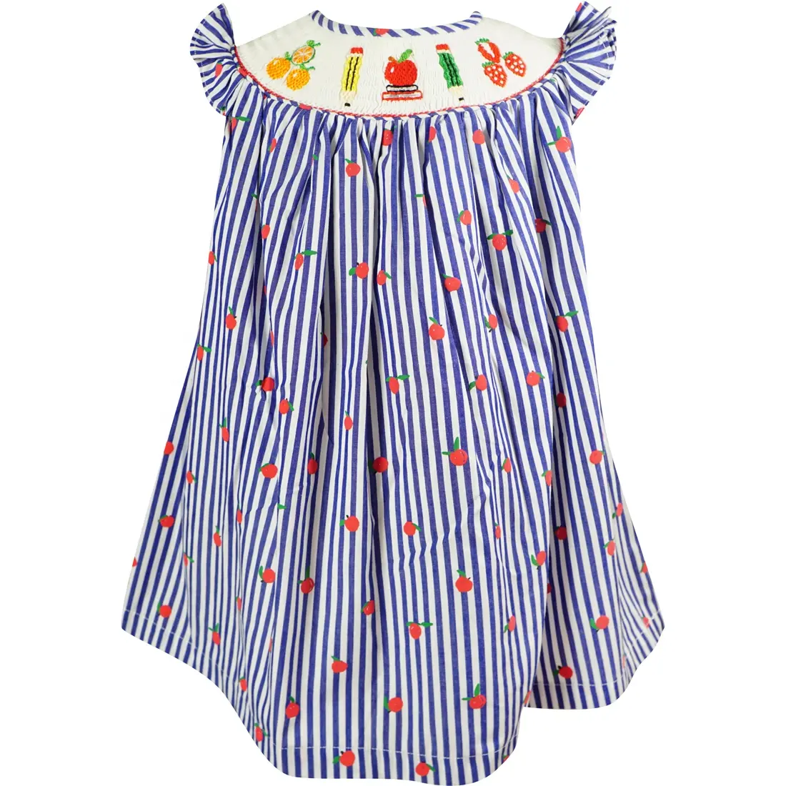 Baby Toddler Little Girls Summer Frutti Orange Apple Strawberry Navy Stripes Hand Smocked Bishop Dress