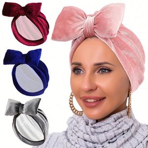 Gorro de terciopelo con lazo grande para niña, turbante suave con lazo, diadema elástica, gorro antideslizante, gorros tipo beanie - Product Image 2
