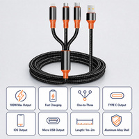 Câble de charge tressé en nylon 100W un-vers-trois, sortie USB-C, iOS, Micro USB, charge rapide, 1,2 m