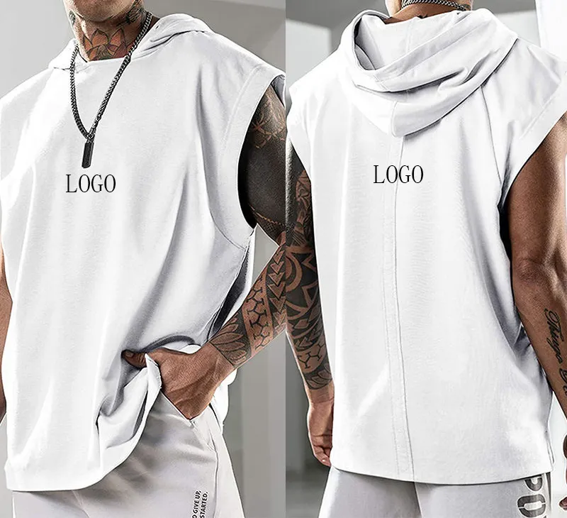 Polyester Sleeveless Hoodie Vest Tank Top Men Fashion White Custom Logo Sports Gym Stringer Plain Hooded Tank Top