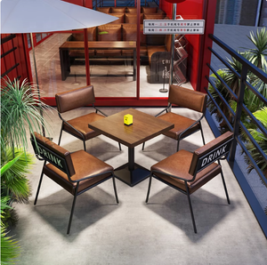 Ensemble de chaises de salle à manger en cuir rétro de style industriel table à manger en bois massif avec caractéristiques durables pour <span class=keywords><strong>bar</strong></span> <span class=keywords><strong>restaurant</strong></span> <span class=keywords><strong>terrasse</strong></span> - Product Image 1