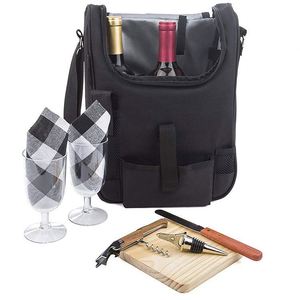 BSCI Factory Insulated Travel Wine <b>Tote</b> <b>Bag</b>, Portable 2 Bottle and Cheese Waterproof <b>Black</b> <b>Canvas</b> Carrier Set with Picnic - Product Image 6