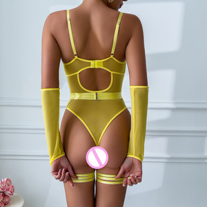 Ropa interior amarilla transparente de una pieza para mujer, mono erótico de malla con Gater, lencería Sexy transparente con guantes largos sin dedos - Product Image 3