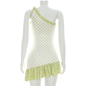 Viviblook J26DS154 Women Summer Sleeveless Dress Sexy Polka Dot <b>Print</b> Single Shoulder Lace Up Asymmetrical <b>Mini</b> Bodycon Dresses - Product Image 5