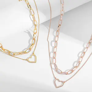 Modieuze 18K Echt Vergulde Grote Paperclip Ketting Dubbel Gelaagd Groot Hart Hanger Ketting Voor Vrouwen