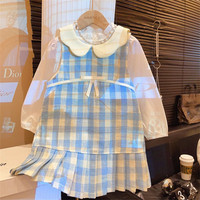 Ensemble deux pièces en tweed pour filles, col de poupée, style coréen, robe-veste et chemise à manches longues pour enfants