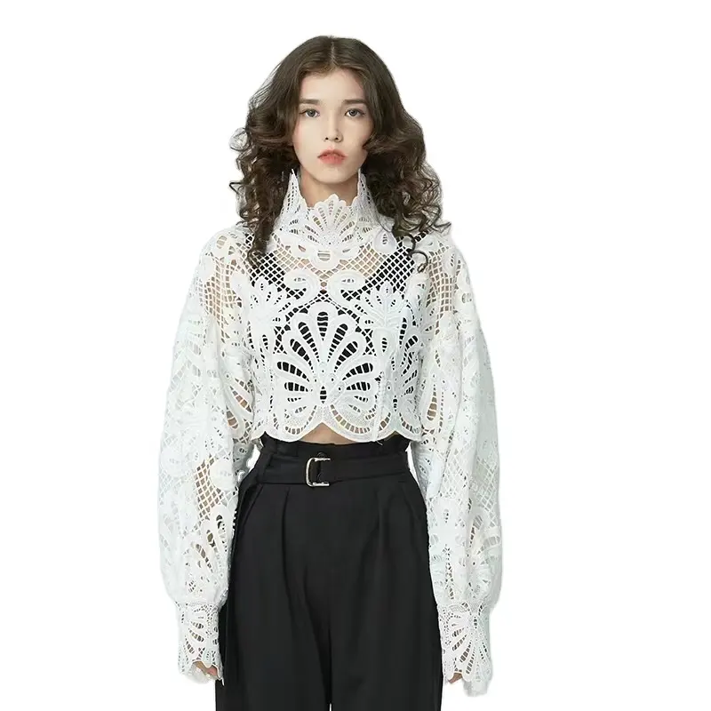 Hot Sale Sexy Tops Autumn Hollow Sexy Blouse Plus Size Stand-Up Collar White Tops Lace Long Sleeve Fashion Women Shirt