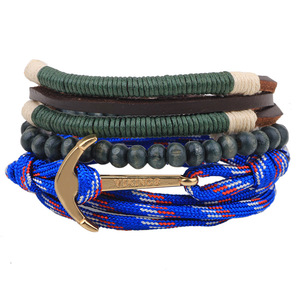 Pulsera de Paracord de Doble Capa con Cuentas de Madera y Ancla, Joyería de Supervivencia, Cuerda Encerada Azul, Pulsera Duradera y Elegante para el Día a Día - Product Image 1