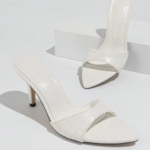 Women's Pointed-Toe Sexy Stone-Patterned One-Strap Stiletto Sandals Stylish <b>White</b> High <b>Heels</b> Shoes - Product Image 5