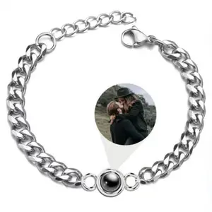 Customized I Love you in 100 Languages Custom 925 Silver Personalized Circle Photo Projection Photo Cuban Chain Bracelet
