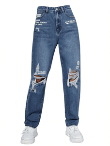 Wanbocre Jeans de pierna recta para mujer, cintura alta, diseño vintage rasgado, pantalones vaqueros de longitud completa, corte holgado, estilo otoñal - Product Image 1