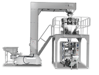 Machine de conditionnement verticale Elemotion pour aliments pour animaux de compagnie, avec peseuse 14 têtes, pour le remplissage et la fermeture de sacs à boucle VFFS
